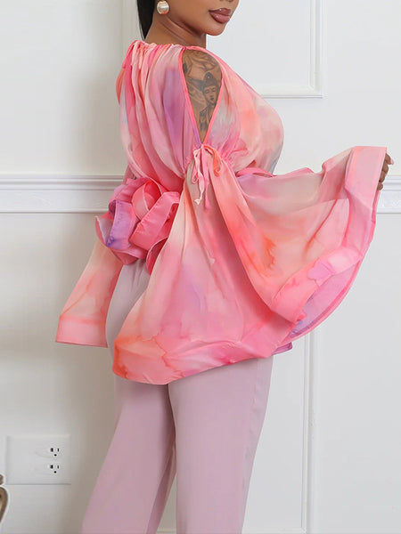 Printed Cold-Shoulder Bell-Sleeve Top