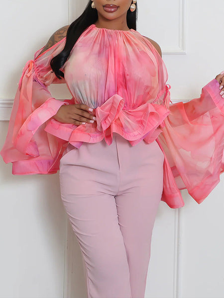 Printed Cold-Shoulder Bell-Sleeve Top