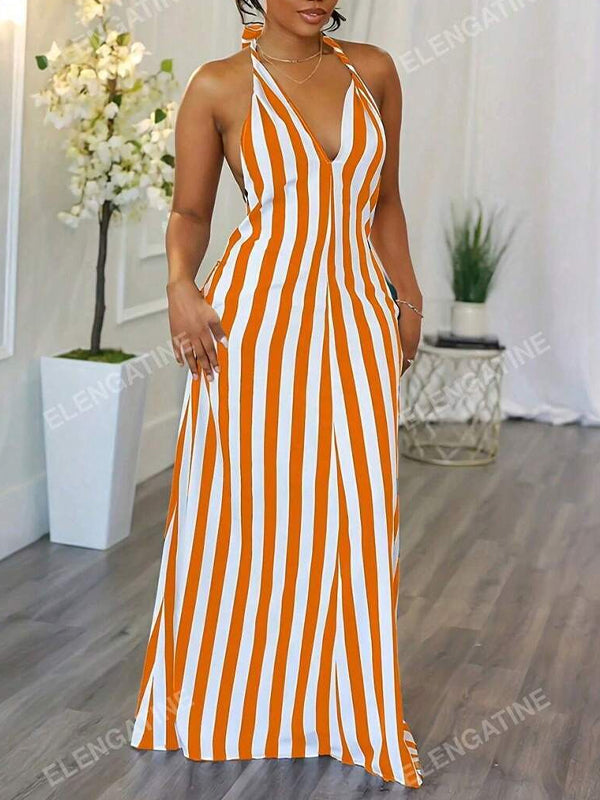 Morchique Stripe Halter Maxi Dress