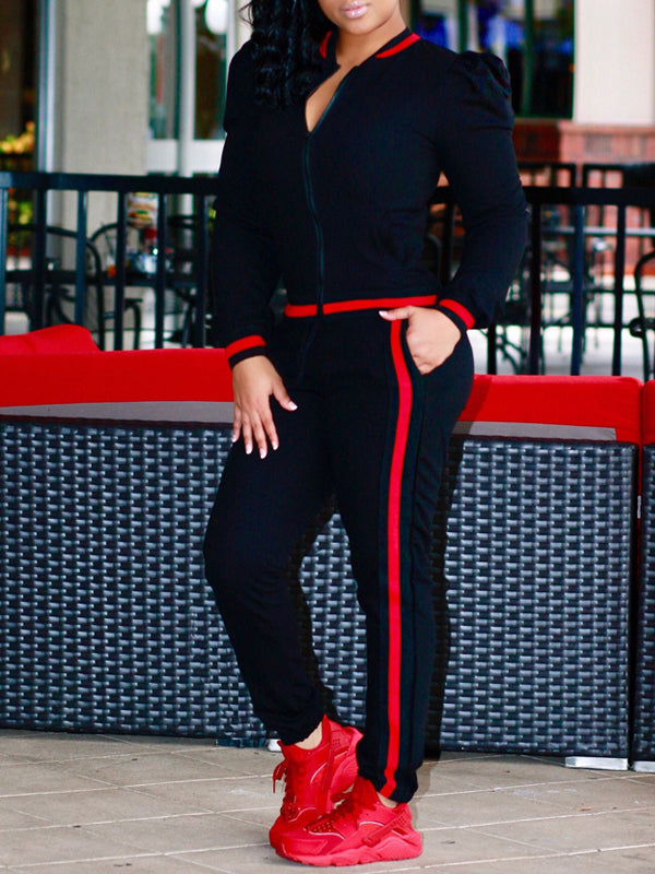 Puff-Sleeve Jacket & Side-Stripe Pants Set