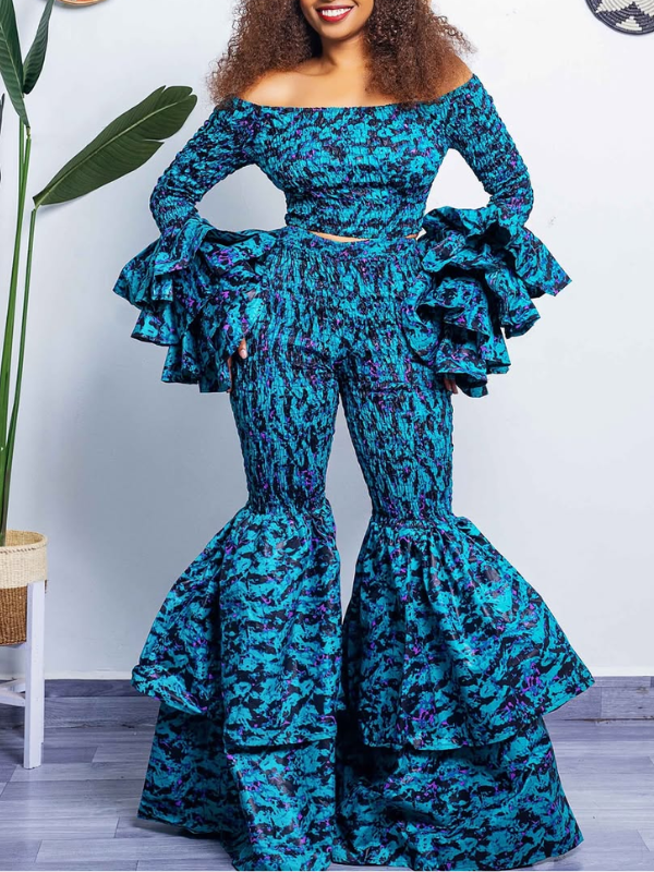 Printed Off-Shoulder Crop Top & Bell Pants