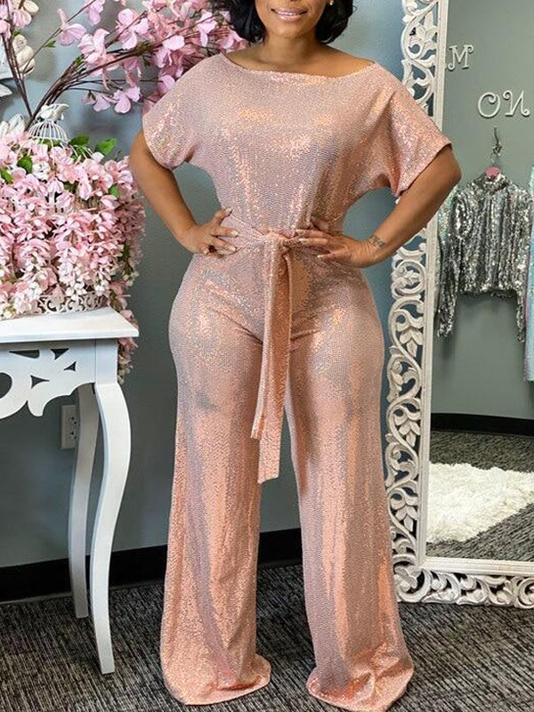 Sparkly Boat-Neck Tied Jumpsuit