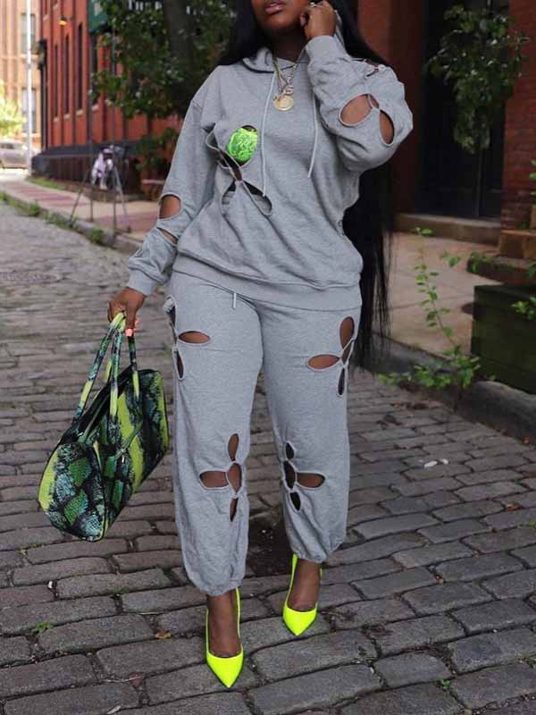 Solid Cutout Hoodie & Pants Set