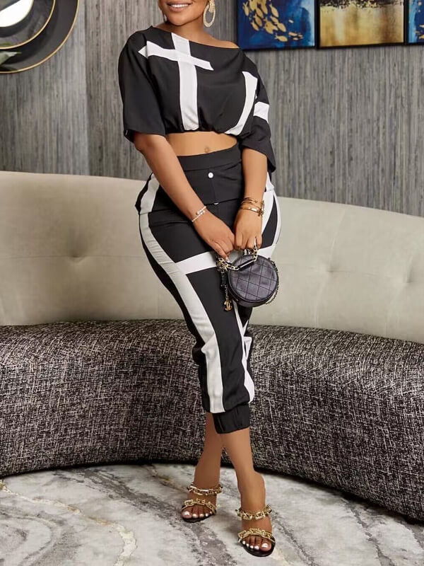 Printed Boat-Neck Top & Pants Set