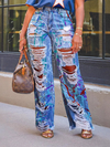 Morchique Abstract Printed Ripped Jeans