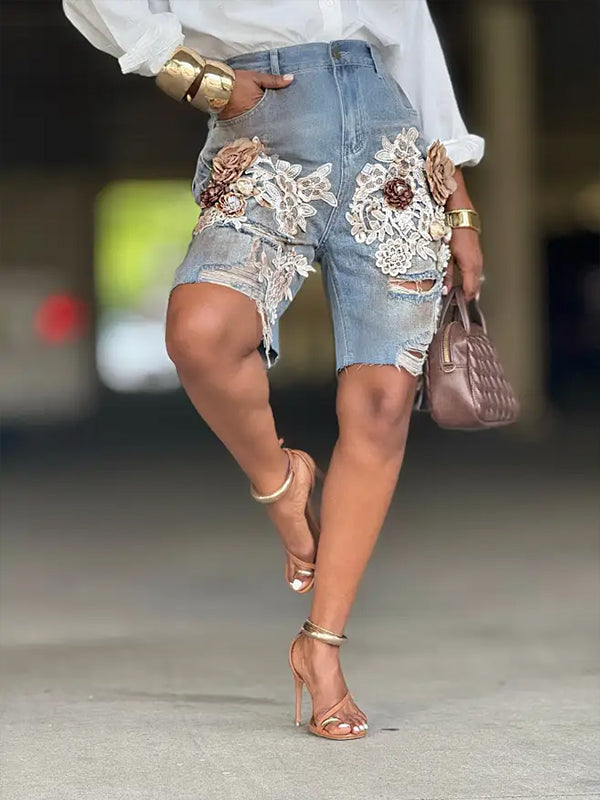 Morchique Flower Lace Combo Ripped Shorts