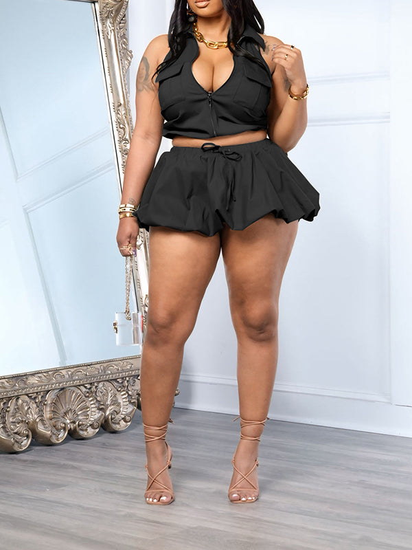 Zip-Front Halter Top & Bubble Skirt Set