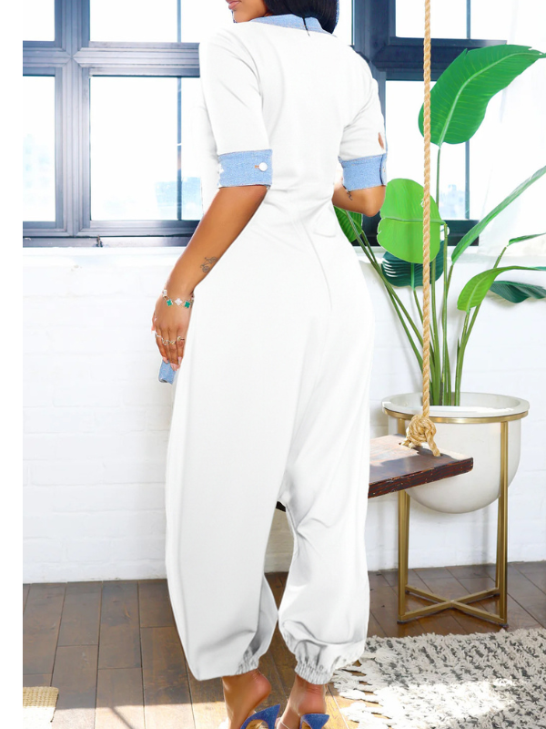 Morchique Denim-Combo V-Neck Jumpsuit