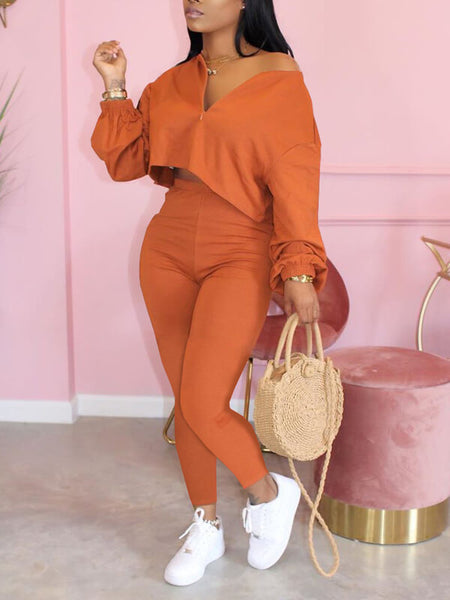 Morchique Solid Zip-Front Top & Pants Set
