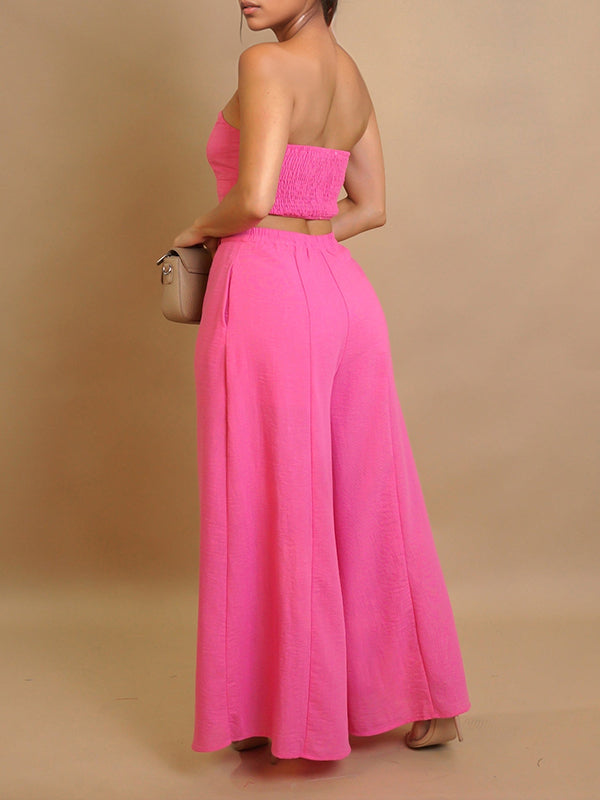 Button-Front Tube Top & Wide-Leg Pants Set