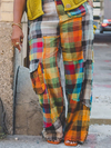 Plaid Color Blocked Straight Leg Pants