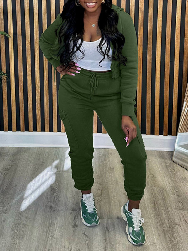 Morchique Solid Zip-Front Hoodie & Cargo Jogger Pants set