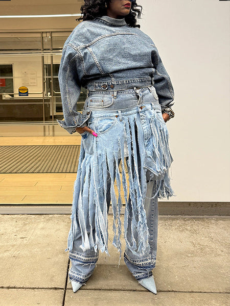 Double-Waist Fringe Jeans