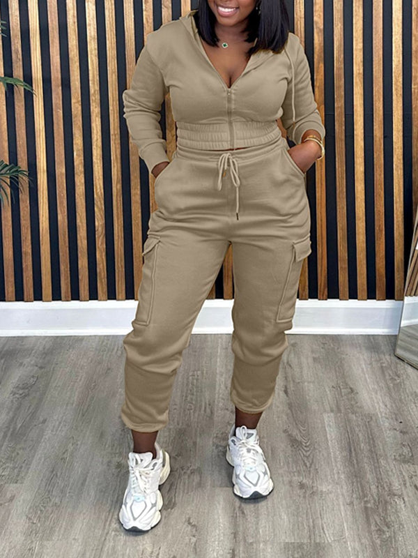 Morchique Solid Zip-Front Hoodie & Cargo Jogger Pants set