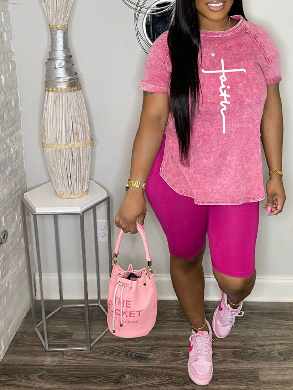 Logo Printed Slit Tee & Biker Shorts Set