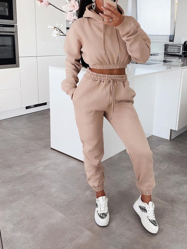 Solid Cropped Hoodie & Jogger Pants Set