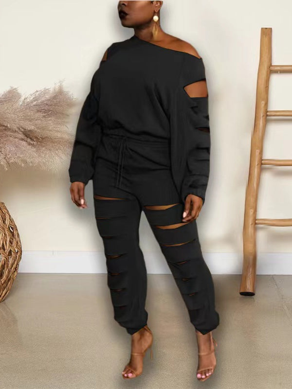 Ripped Boat-Neck Top & Pants Set