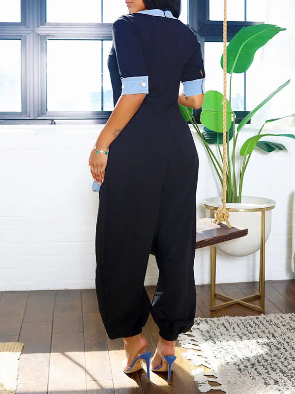 Morchique Denim-Combo V-Neck Jumpsuit