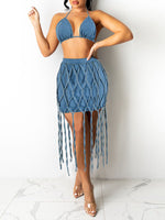 Denim Bra Top & Fringe Skirt Set