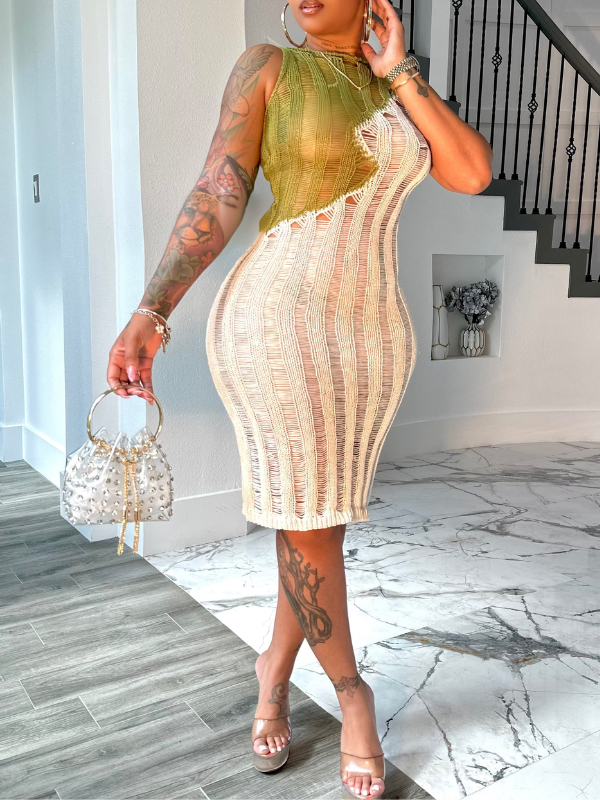 Two-Tone Sleeveless Knit Dress