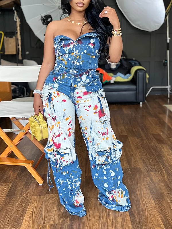 Strapless Cargo Denim Jumpsuit