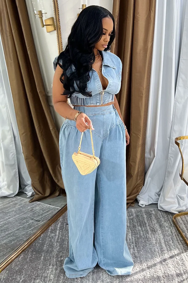 Denim Zip-Up Vest & Wide-Leg Pants Set