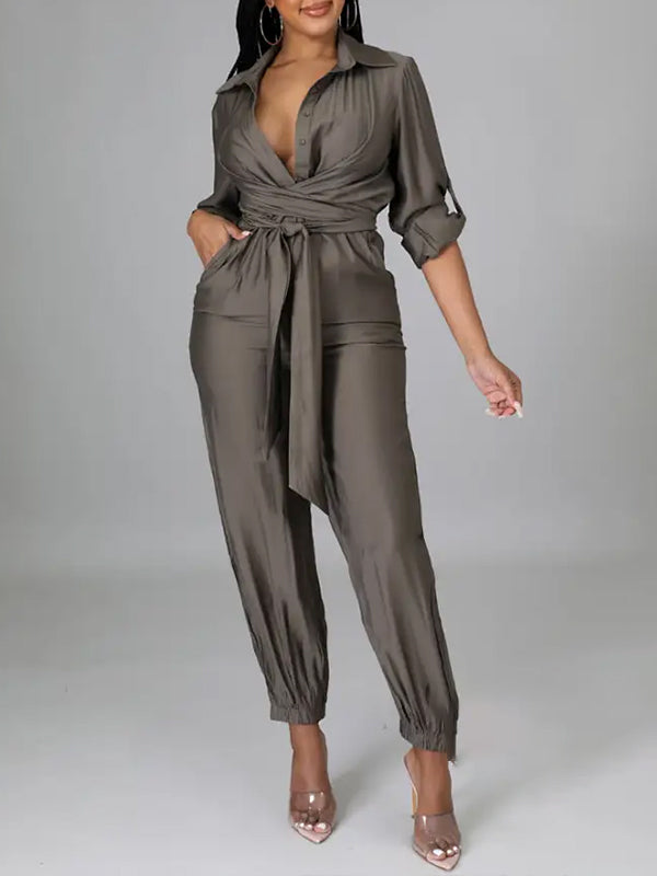 Solid Button-Front Tied Jumpsuit