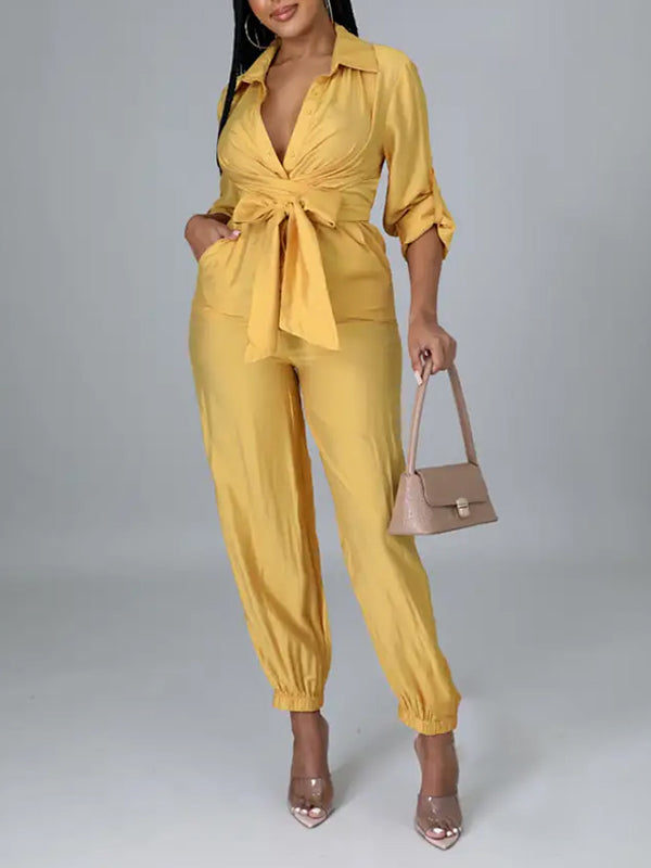 Solid Button-Front Tied Jumpsuit