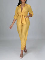 Solid Button-Front Tied Jumpsuit