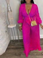 V-Neck Tied Pleated Wide-Leg Jumpsuit