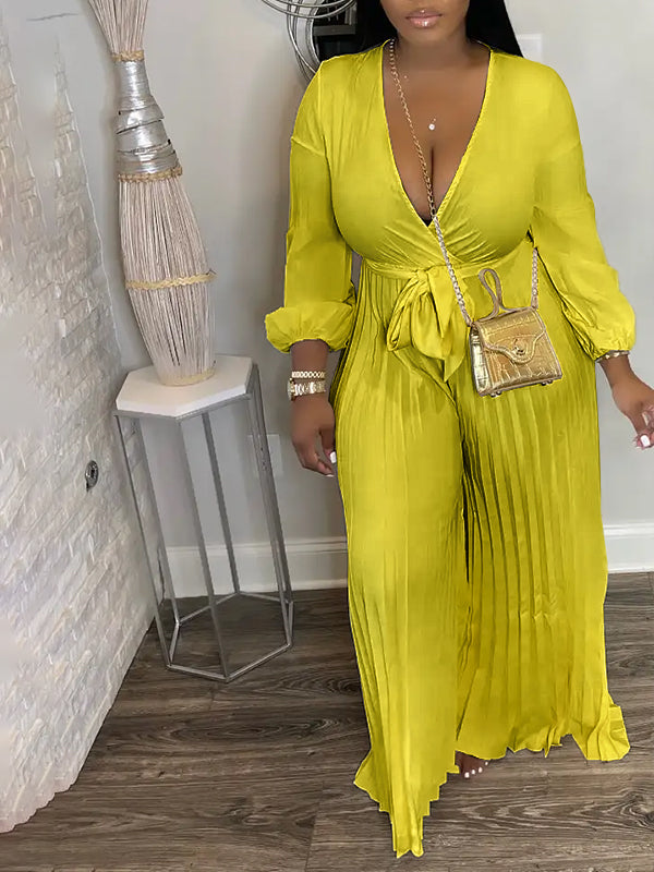 V-Neck Tied Pleated Wide-Leg Jumpsuit