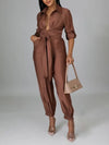 Solid Button-Front Tied Jumpsuit