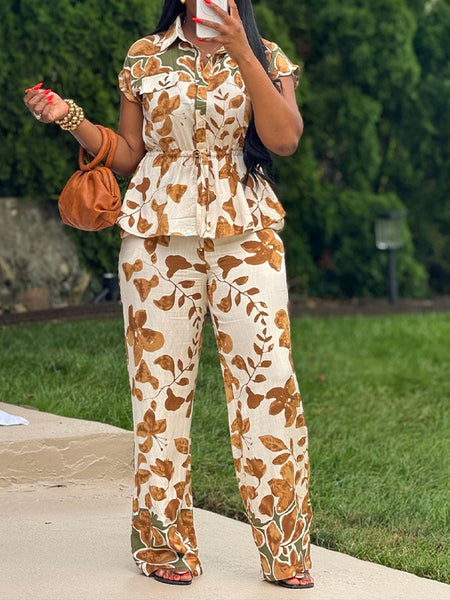 Printed Peplum Shirt & Pants Set