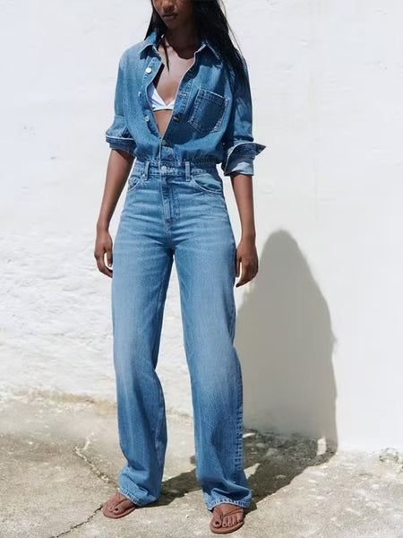 Button-Front Denim Jumpsuit