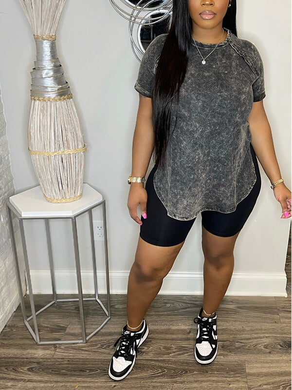 Printed Slit Tee & Biker Shorts Set