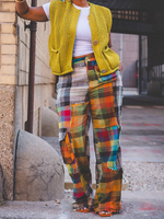 Plaid Color Blocked Straight Leg Pants