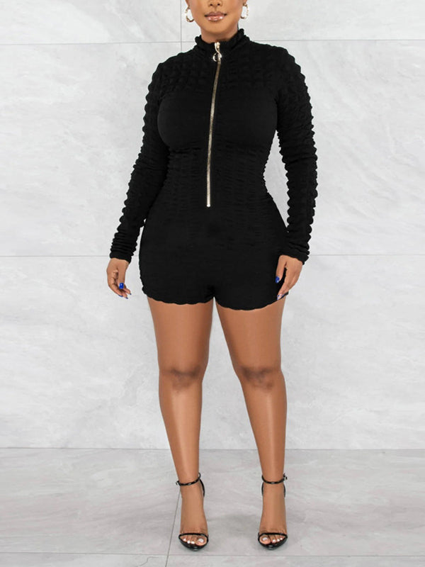 Zip-Front Textured Romper