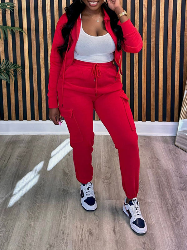 Morchique Solid Zip-Front Hoodie & Cargo Jogger Pants set