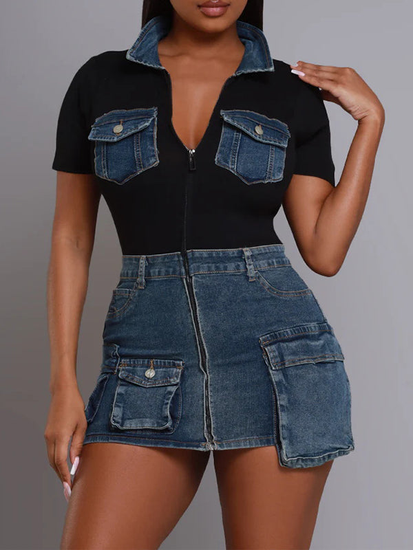 Denim-Combo Zip-Front Dress