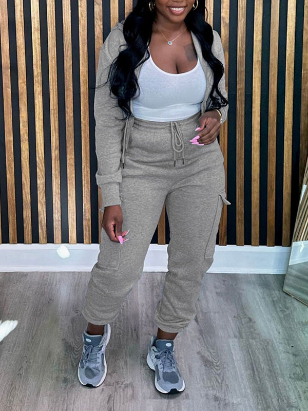 Morchique Solid Zip-Front Hoodie & Cargo Jogger Pants set