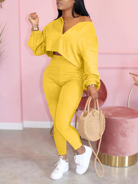 Morchique Solid Zip-Front Top & Pants Set