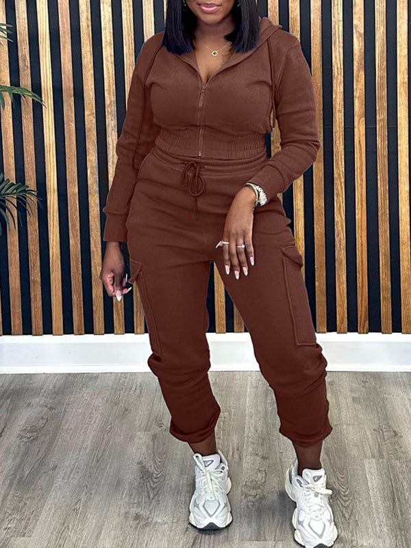 Morchique Solid Zip-Front Hoodie & Cargo Jogger Pants set