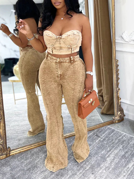 Morchique Wash Denim Tube Top & Pants Set
