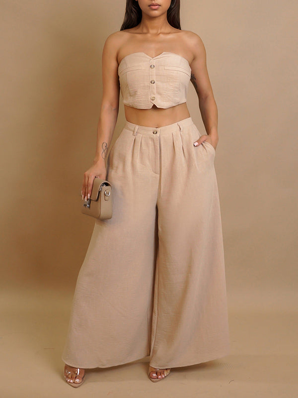 Button-Front Tube Top & Wide-Leg Pants Set