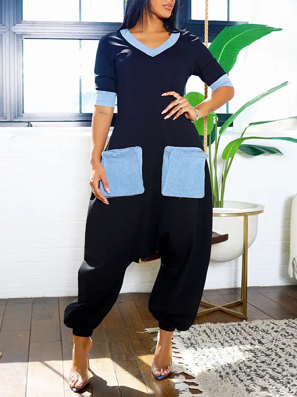 Morchique Denim-Combo V-Neck Jumpsuit