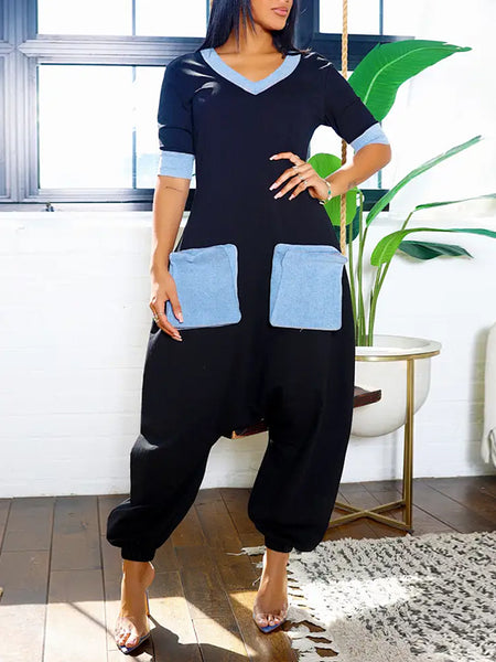 Morchique Denim-Combo V-Neck Jumpsuit