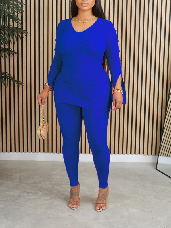 Ribbed V-Neck Top & Pants Set