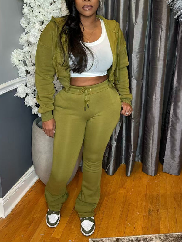 Solid Zip-Front Hoodie & Pants Set