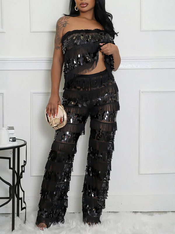 Sequin Fringe Tube Top & Pants Set