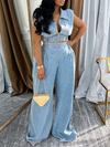 Denim Zip-Up Vest & Wide-Leg Pants Set